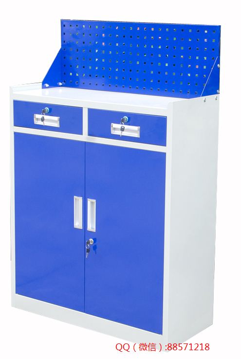 蓝色门板带挂网工具柜,双屉双门挂网工具柜,蓝门带孔板工具柜